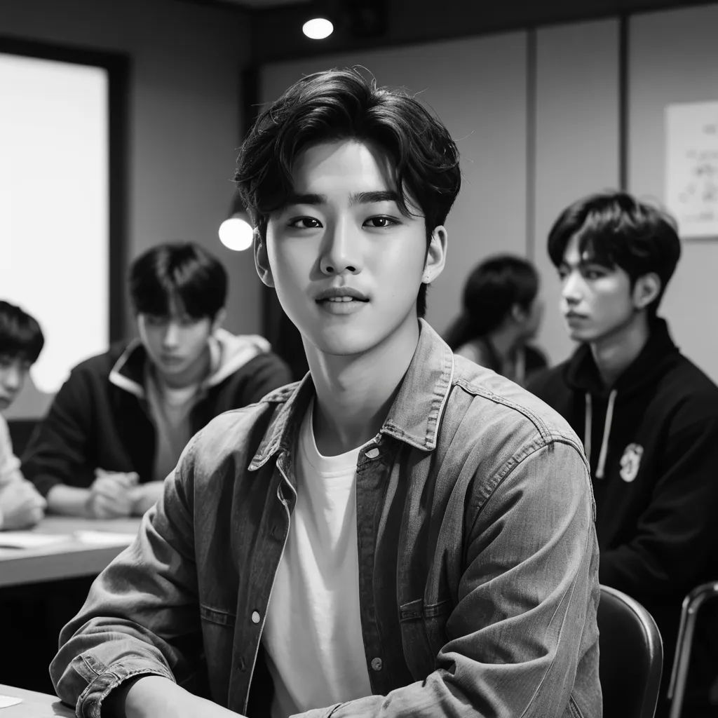 a group of young men sitting at a table in a classroom with one man looking at the camera and the other man looking at the camera, mannerism, a photocopy, David Park, handsome