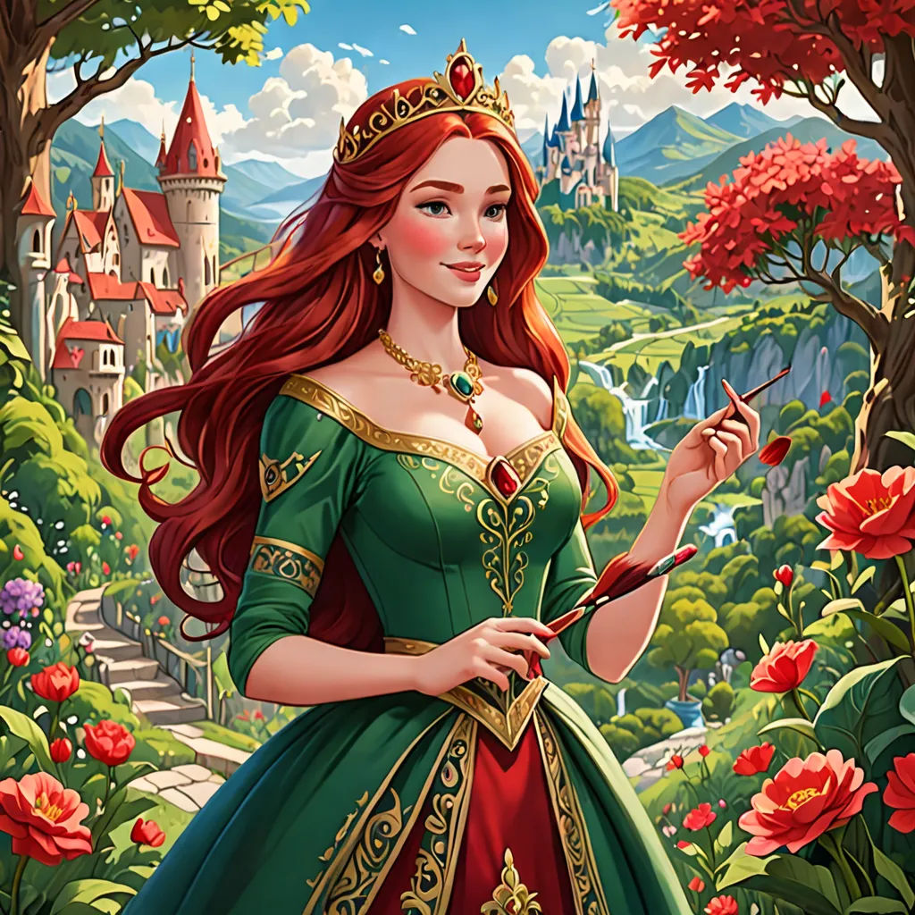 a beautiful red haired woman in a green dress holding a wand in a garden with flowers and a castle in the background, Anne Stokes, fantasy art, a detailed painting, fantasy artwork