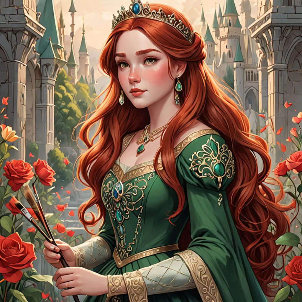 a beautiful redheaded woman in a green dress holding a wand in front of a castle with roses and roses, Anne Stokes, fantasy art, a detailed painting, kinkade
