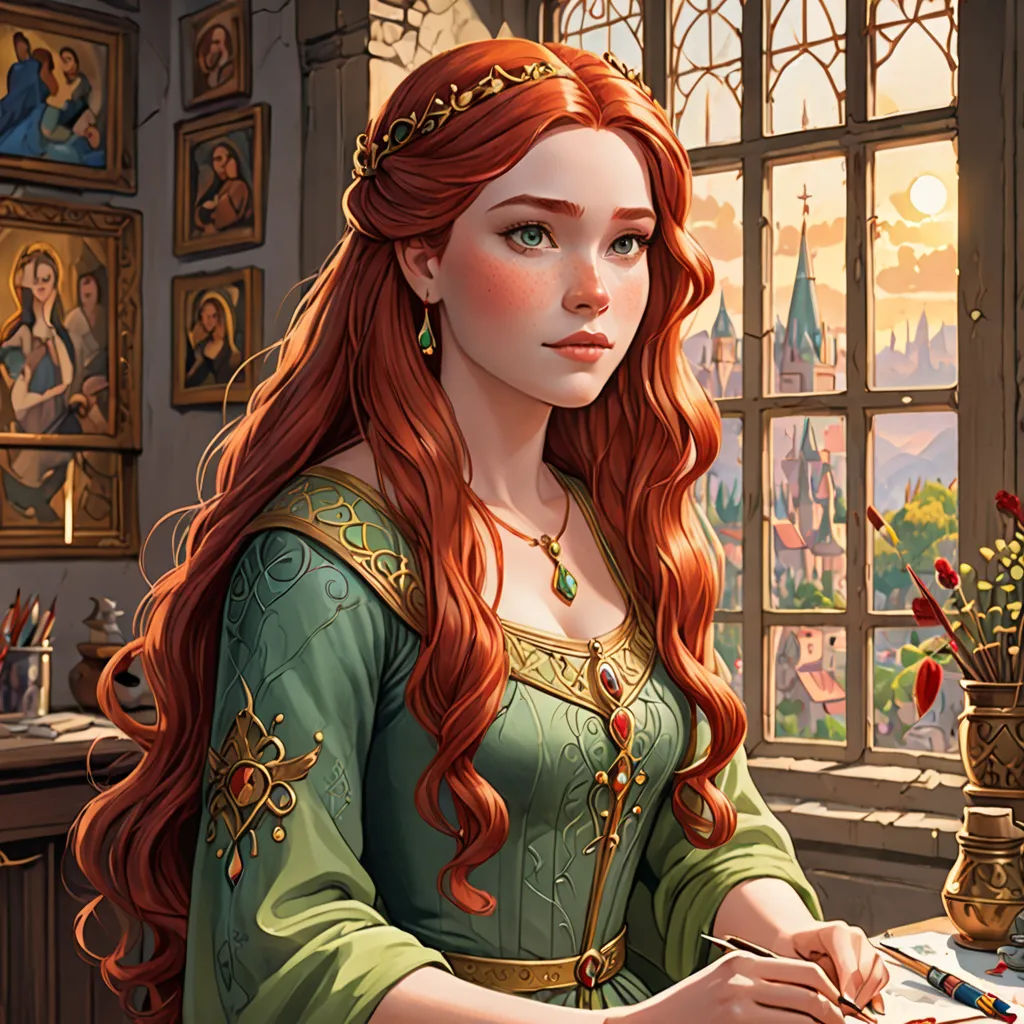 a woman in a green dress is writing on a desk in front of a window with a castle in the background, Donato Giancola, fantasy art, a detailed painting, kinkade