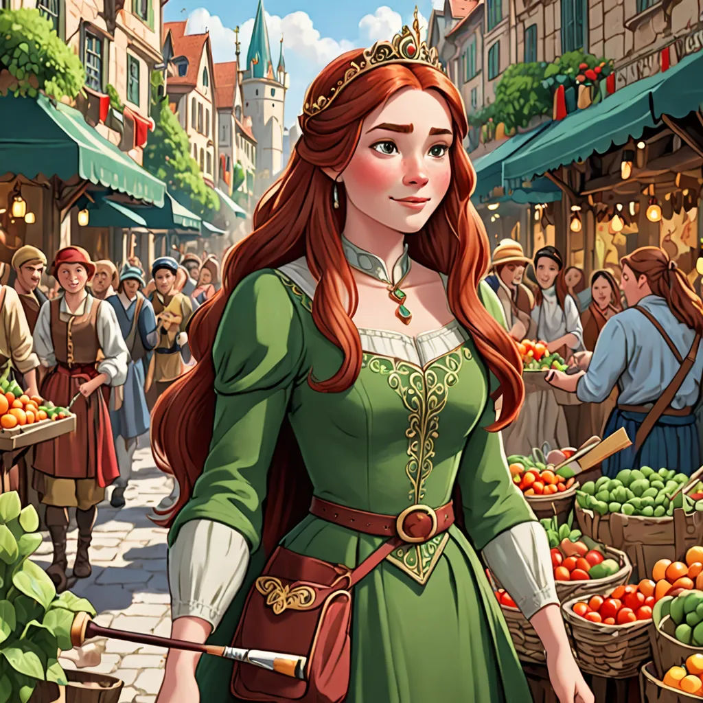 a woman in a green dress is standing in front of a market with a lot of fruit and vegetables, Cedric Seaut (Keos Masons), fantasy art, a storybook illustration, game art