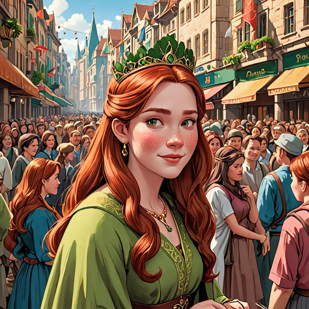 a painting of a woman in a green dress and a crown on her head in a crowd of people, Constance Gordon-Cumming, fantasy art, a storybook illustration, official art