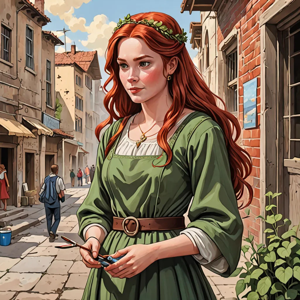 a woman in a green dress holding a cell phone in her hands and a man in a suit walking by, Constance Gordon-Cumming, fantasy art, a character portrait, official art