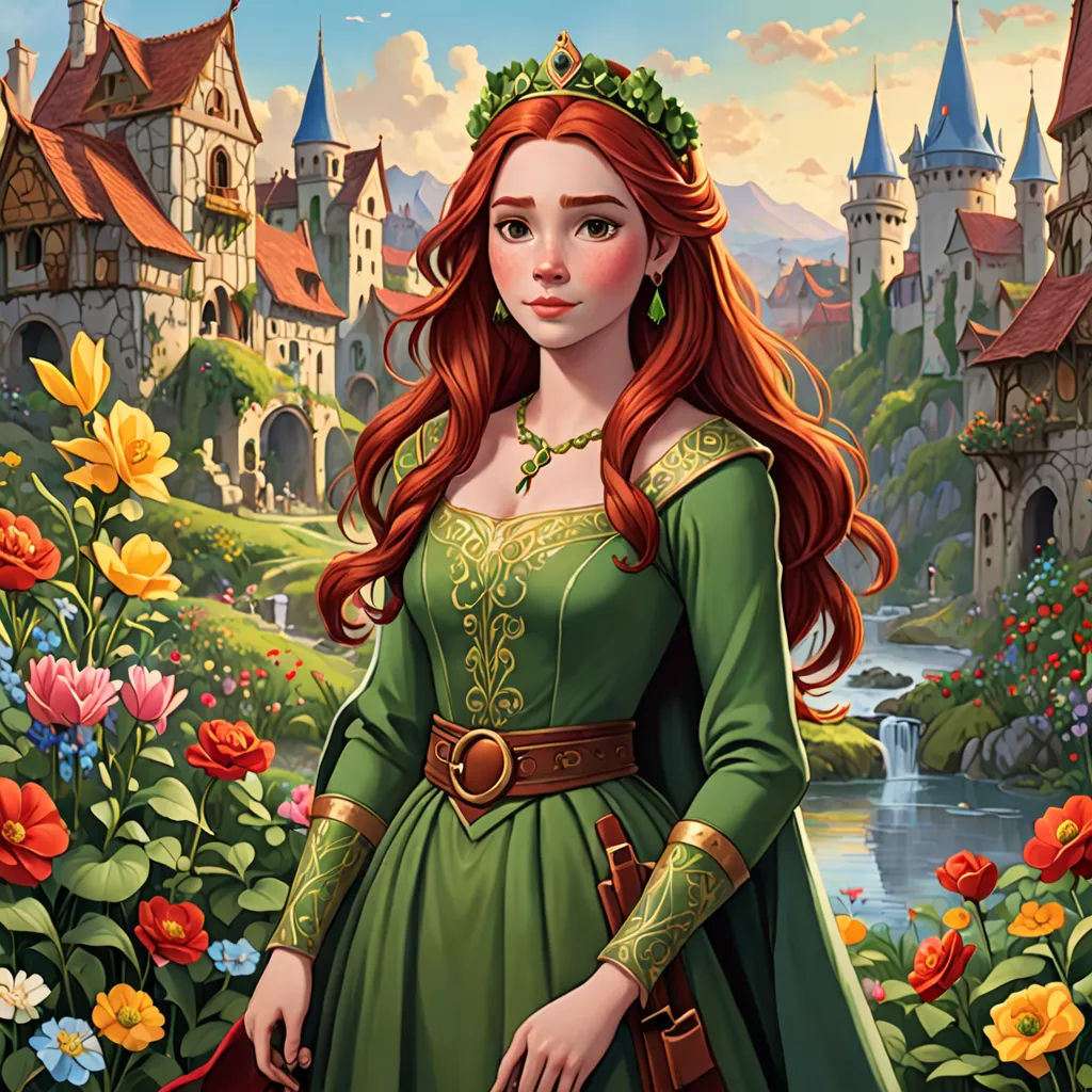 a painting of a woman in a green dress standing in a garden with flowers and a castle in the background, Anne Stokes, fantasy art, a character portrait, game art