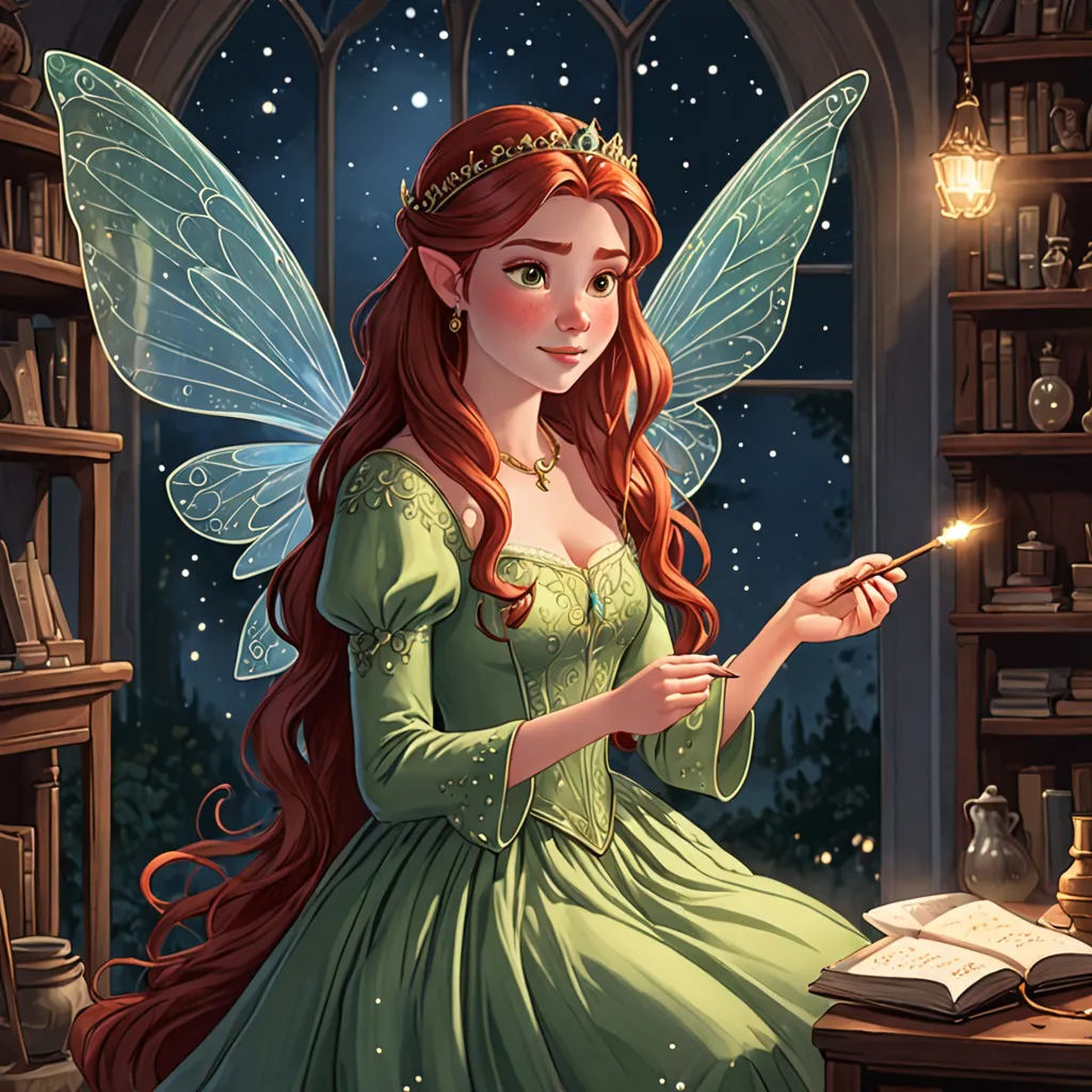 a fairy sitting in a library with a book and a wand in her hand and a book in her hand, Anne Stokes, fantasy art, a storybook illustration, storybook illustration