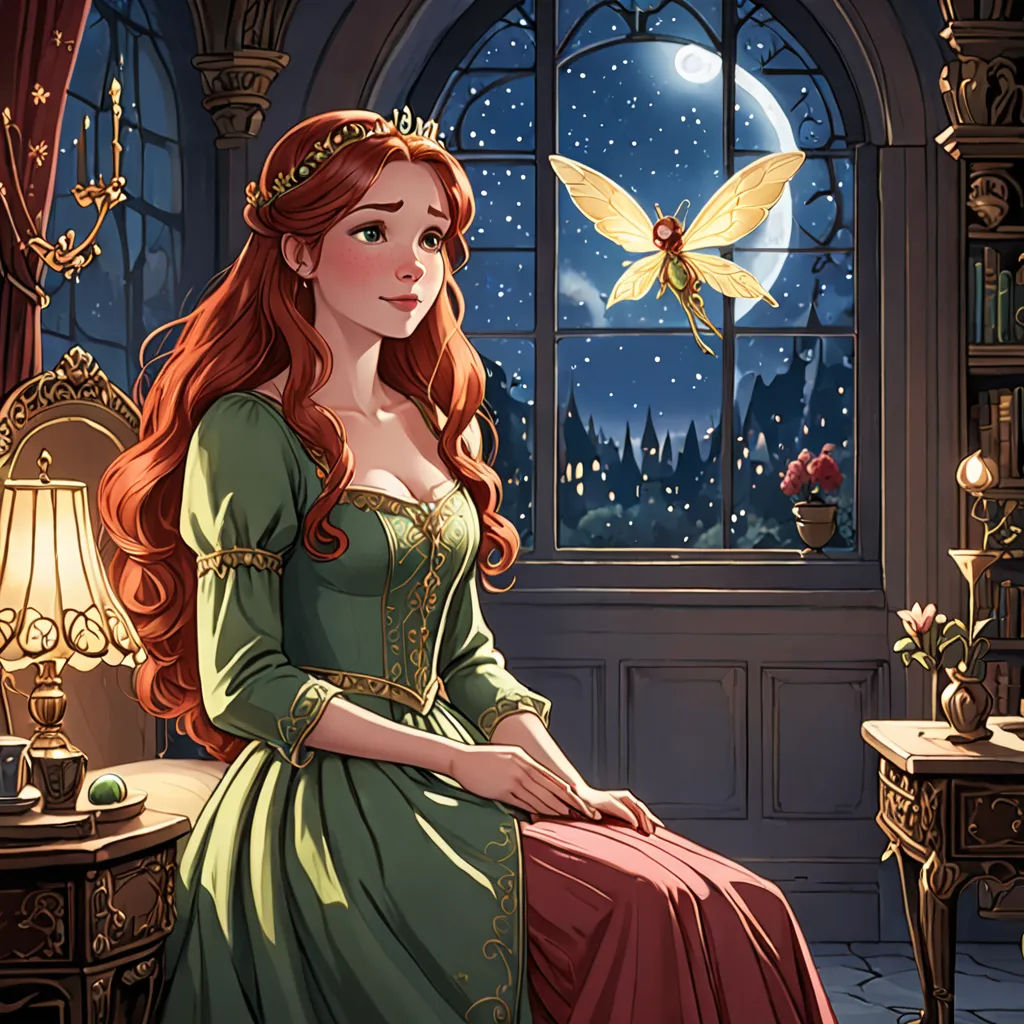 a beautiful redheaded woman sitting in a room next to a window with a fairy tale scene on it, Clarice Beckett, fantasy art, a storybook illustration, kinkade