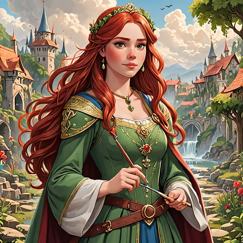 a beautiful red haired woman in a green dress holding a wand in her hand and a castle in the background, Anne Stokes, fantasy art, a detailed painting, epic fantasy character art