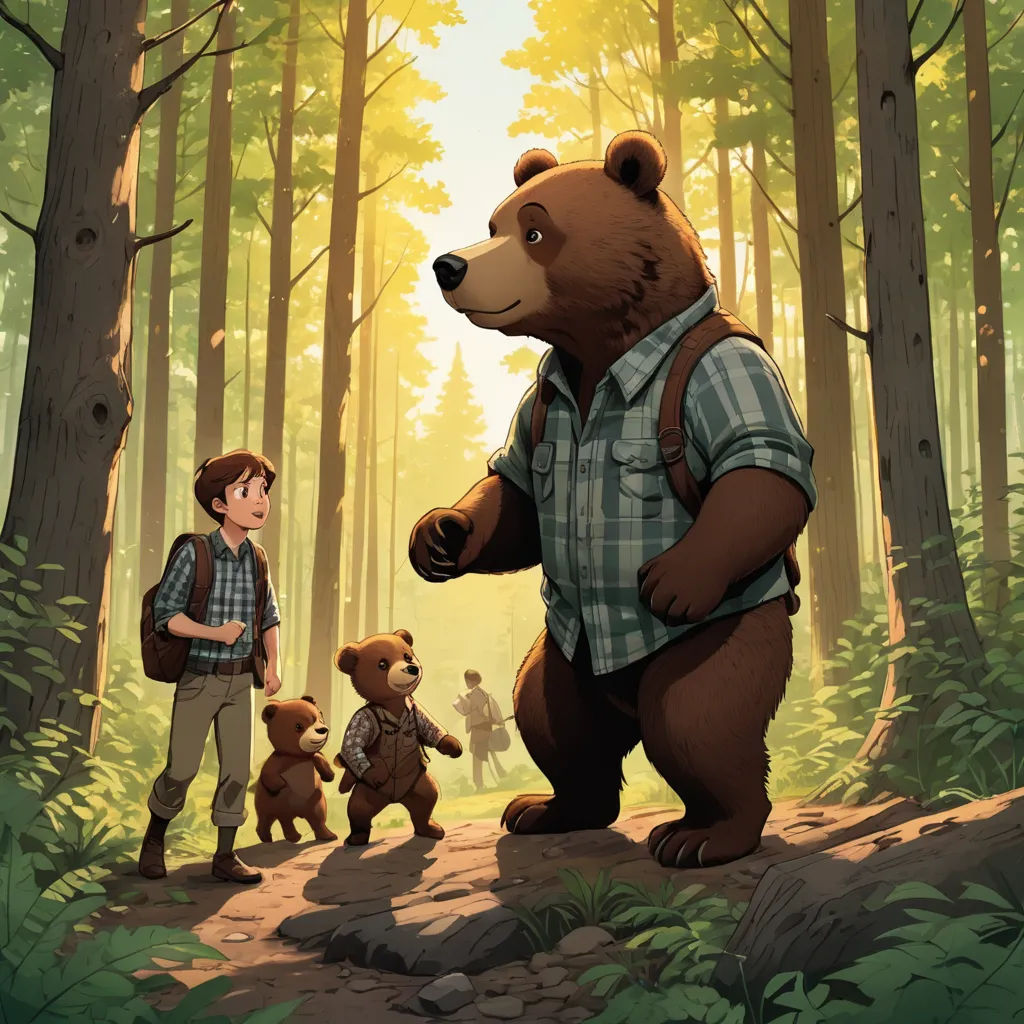 a man standing next to a bear in a forest with a boy and a bear on a path in front of him, furry art, a storybook illustration, Craig Davison, official art