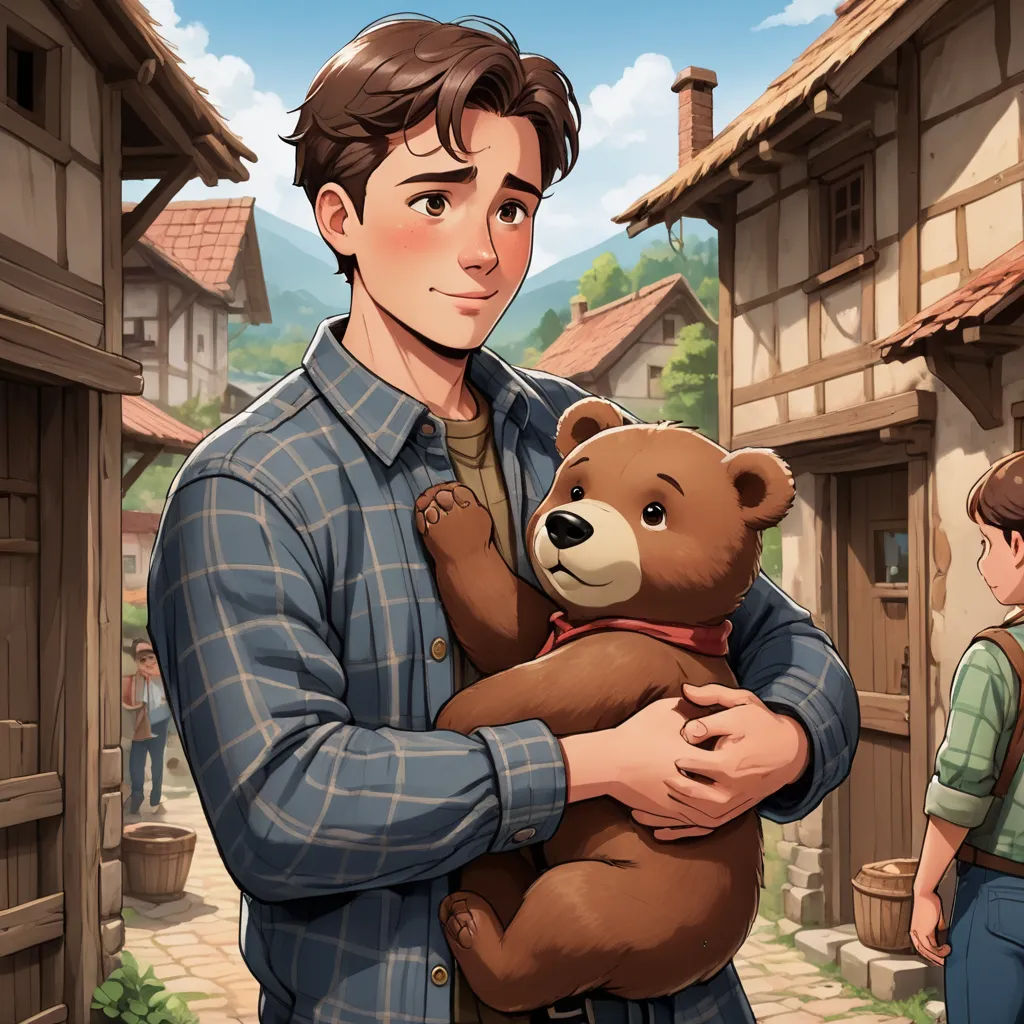 a man holding a teddy bear in a village with a boy looking on from the street and a woman standing in the background, sots art, a storybook illustration, Cedric Seaut (Keos Masons), kinkade