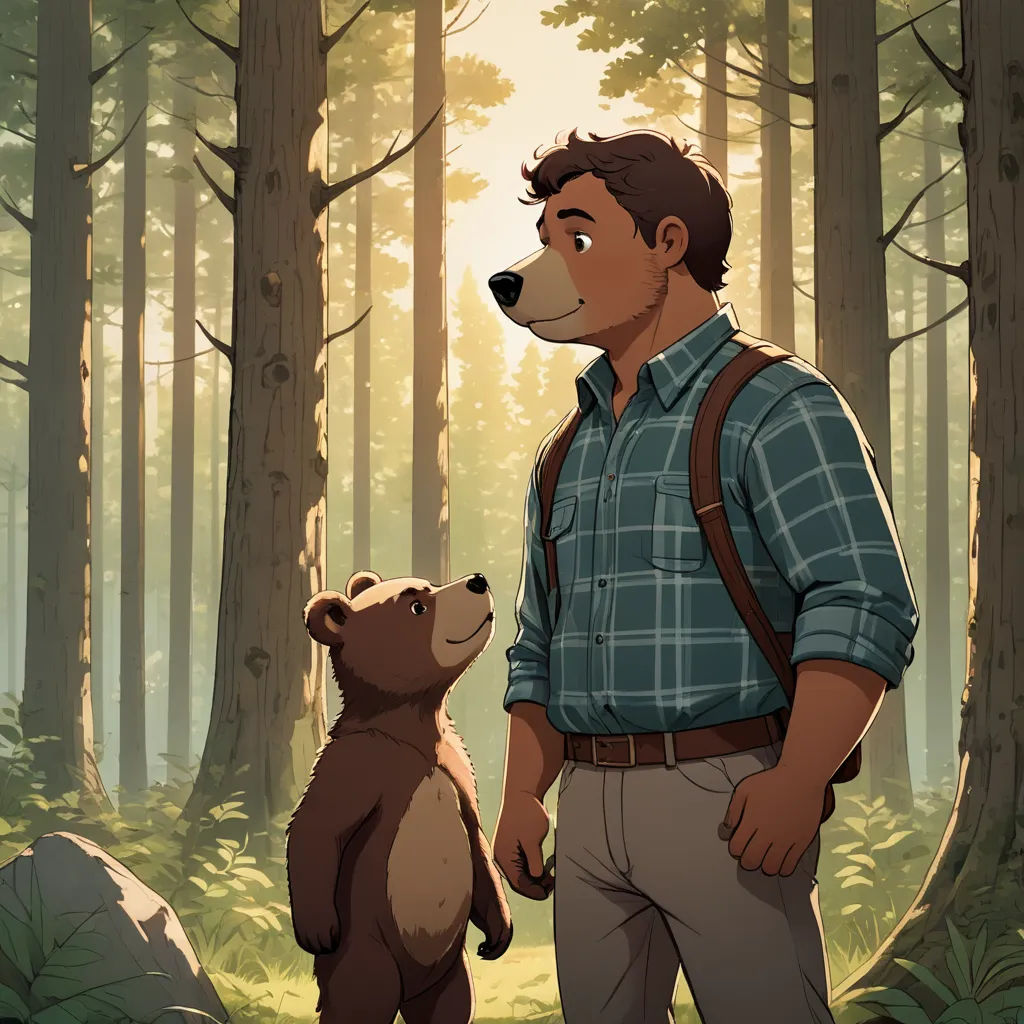 a man standing next to a bear in a forest with trees and rocks behind him, with a forest background, furry art, concept art, Chris LaBrooy, official art