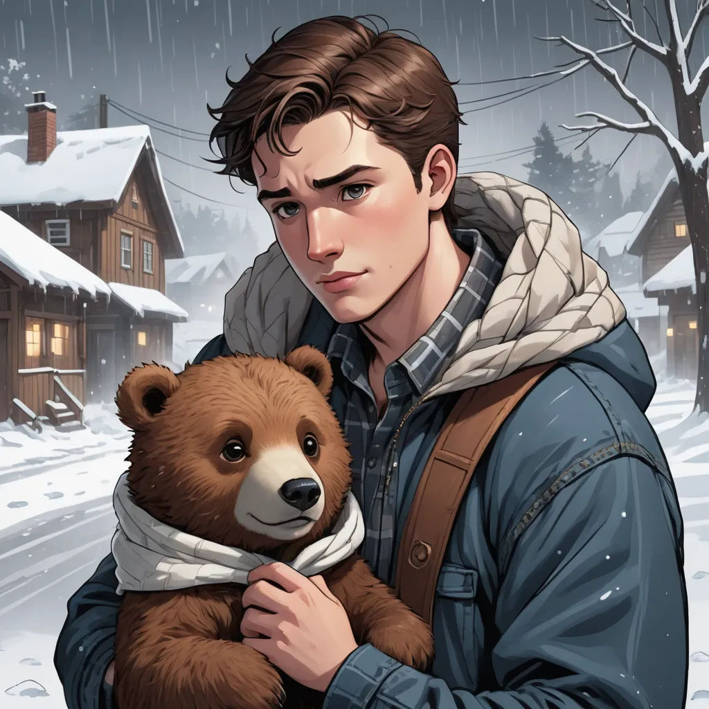 a man holding a brown bear in his arms in the snow with a house in the background and snow falling on the ground, furry art, a character portrait, Evan Charlton, kinkade