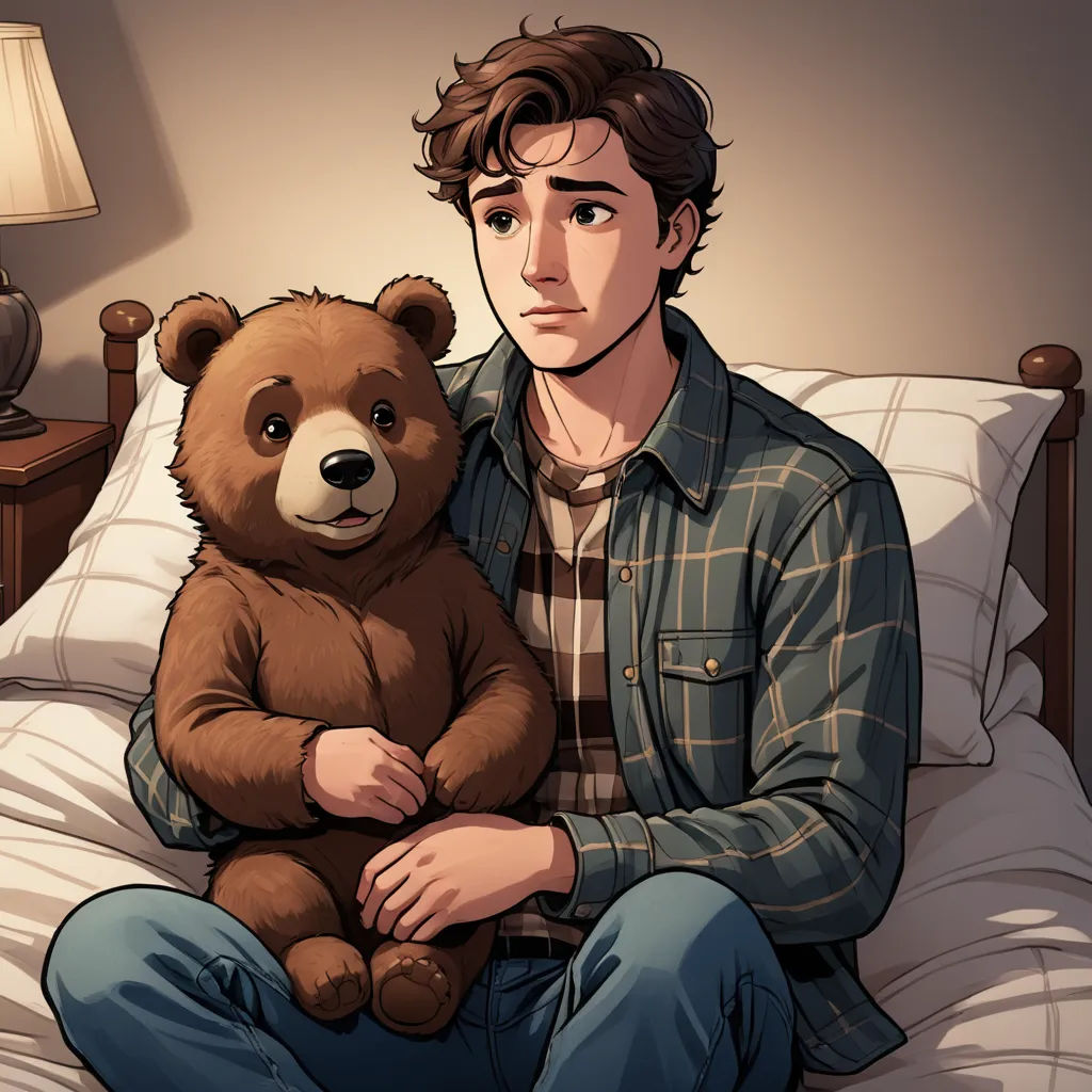 a man sitting on a bed holding a teddy bear in his lap and looking at the camera with a serious look on his face, sots art, a character portrait, Dan Scott, official art