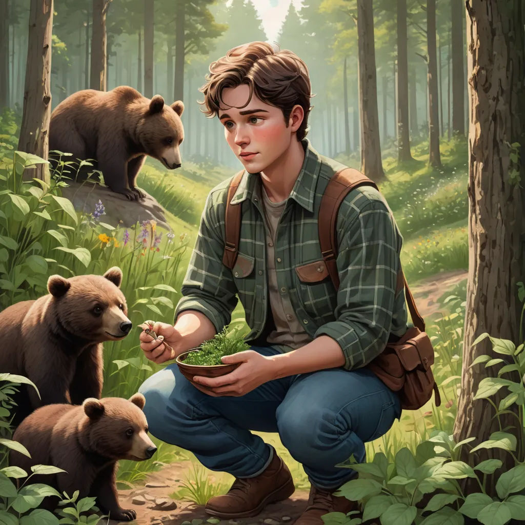 a boy kneeling down in the woods with a bear and cub in front of him and a bear cub in the background, sots art, a character portrait, Aaron Jasinski, kinkade