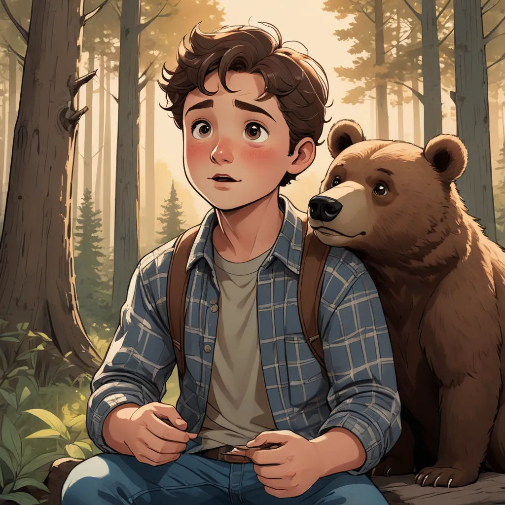 a boy sitting on a log with a bear in the woods behind him, looking at the camera, with a forest background, furry art, a storybook illustration, Aaron Jasinski, official art