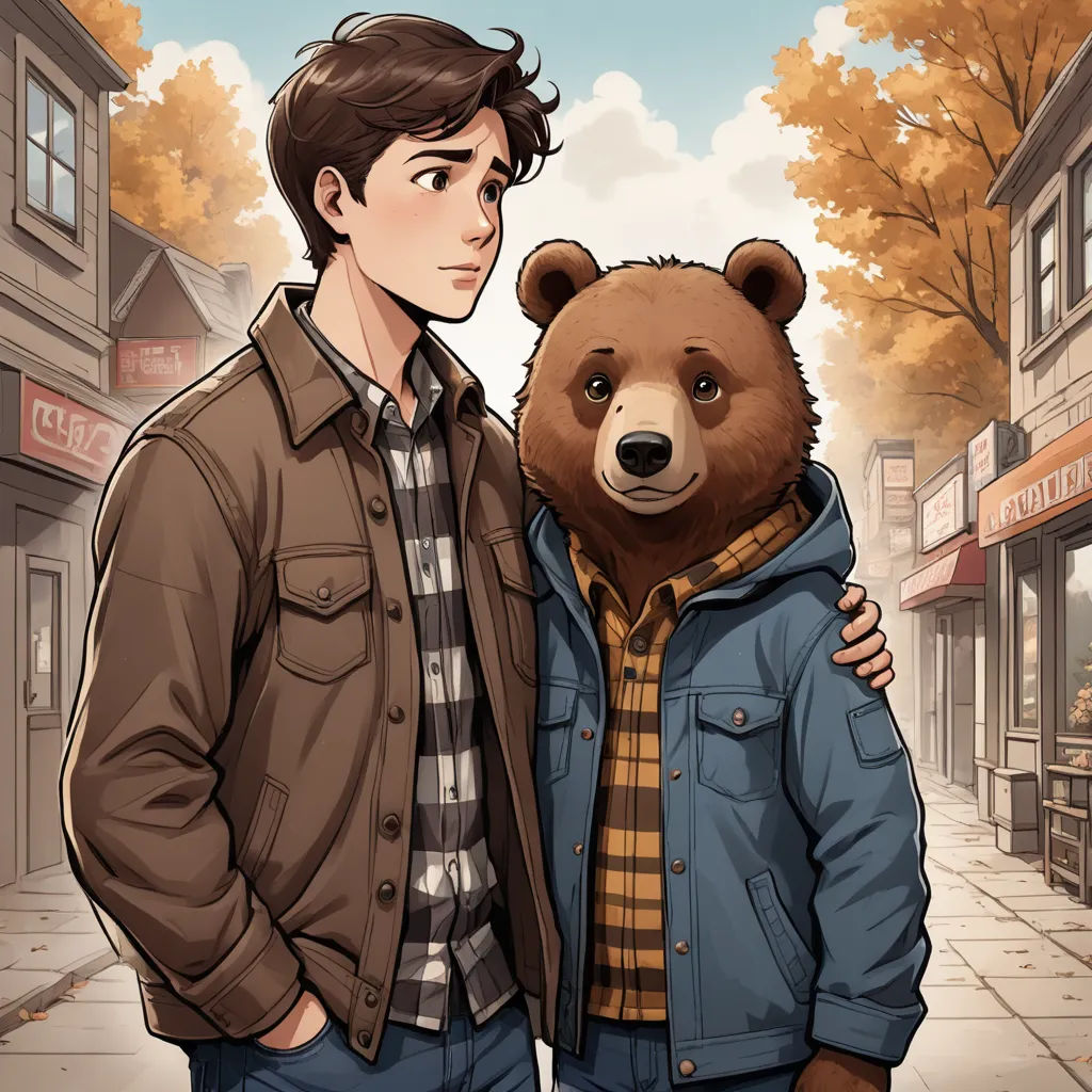 a man standing next to a bear on a street next to a building and trees with leaves on it, furry art, a comic book panel, David Park, official art