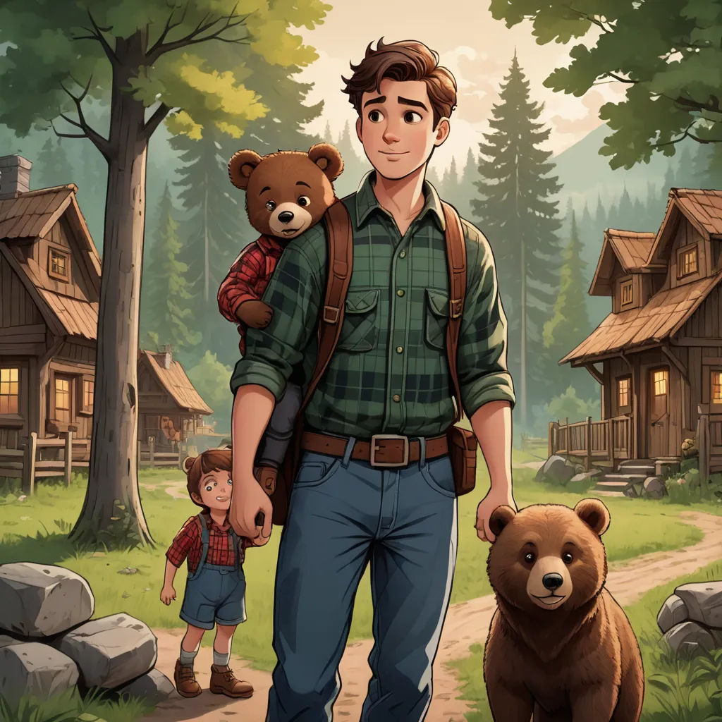 a man holding a teddy bear while standing next to a child in a forest with a cabin in the background, furry art, a storybook illustration, Chris LaBrooy, official art