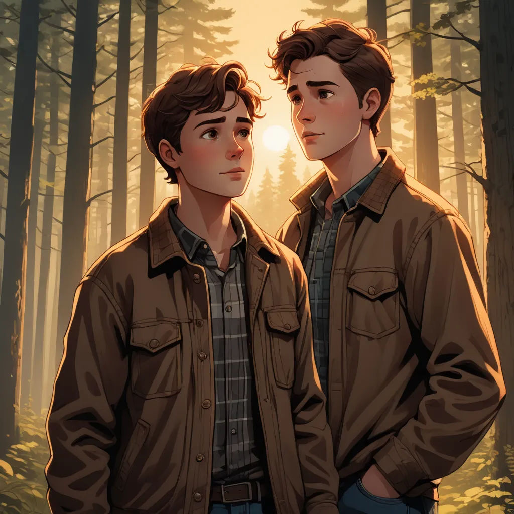 two people standing in a forest with trees in the background and the sun shining through the trees behind them, sots art, an illustration of, Brothers Hildebrandt, official art