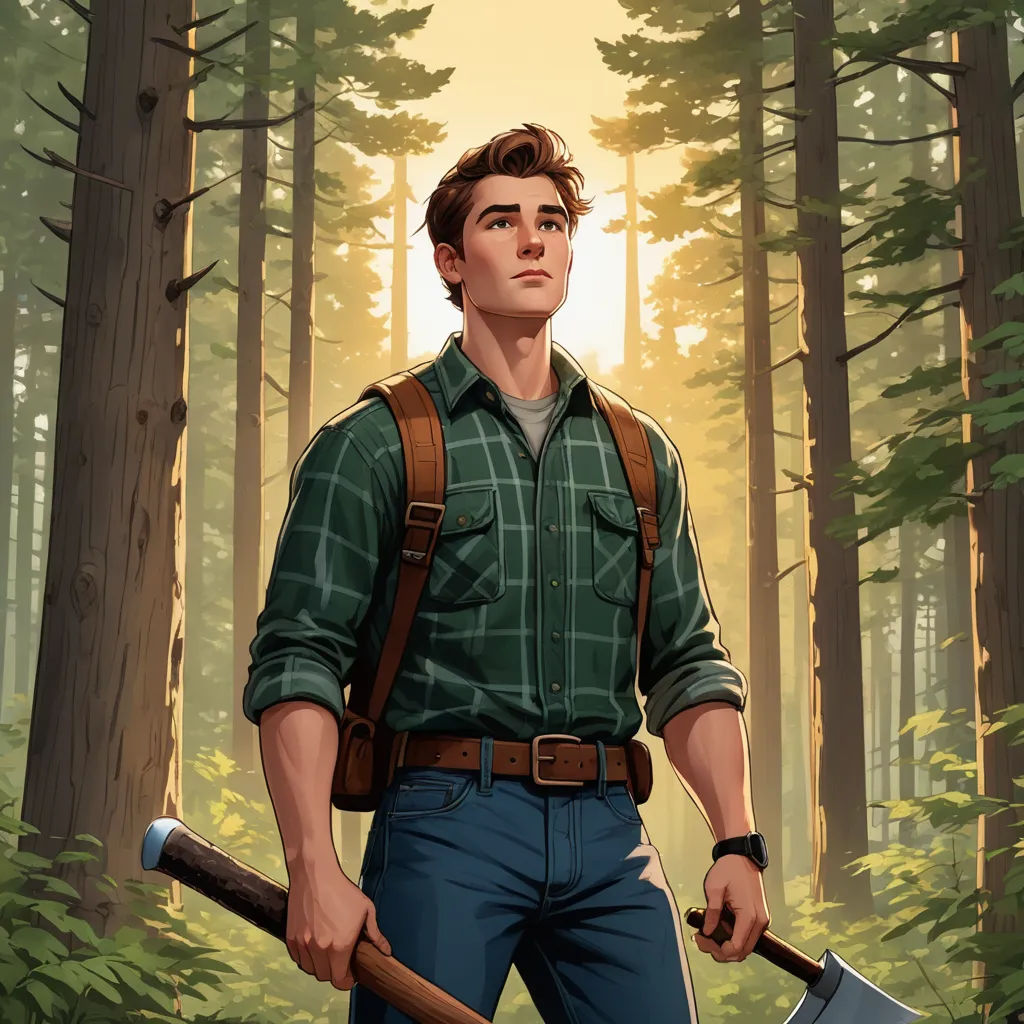 a man holding a pick axe in a forest with trees in the background and a sun shining through the trees, sots art, a character portrait, Clark Voorhees, official art