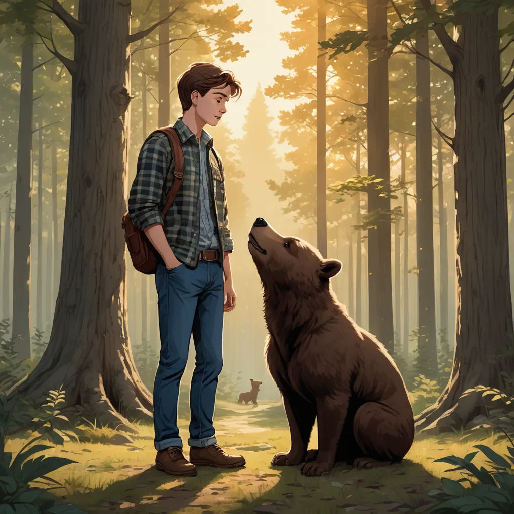 a man standing next to a brown bear in a forest with a forest background and a forest scene with a man and a bear, sots art, a storybook illustration, Aaron Jasinski, official art