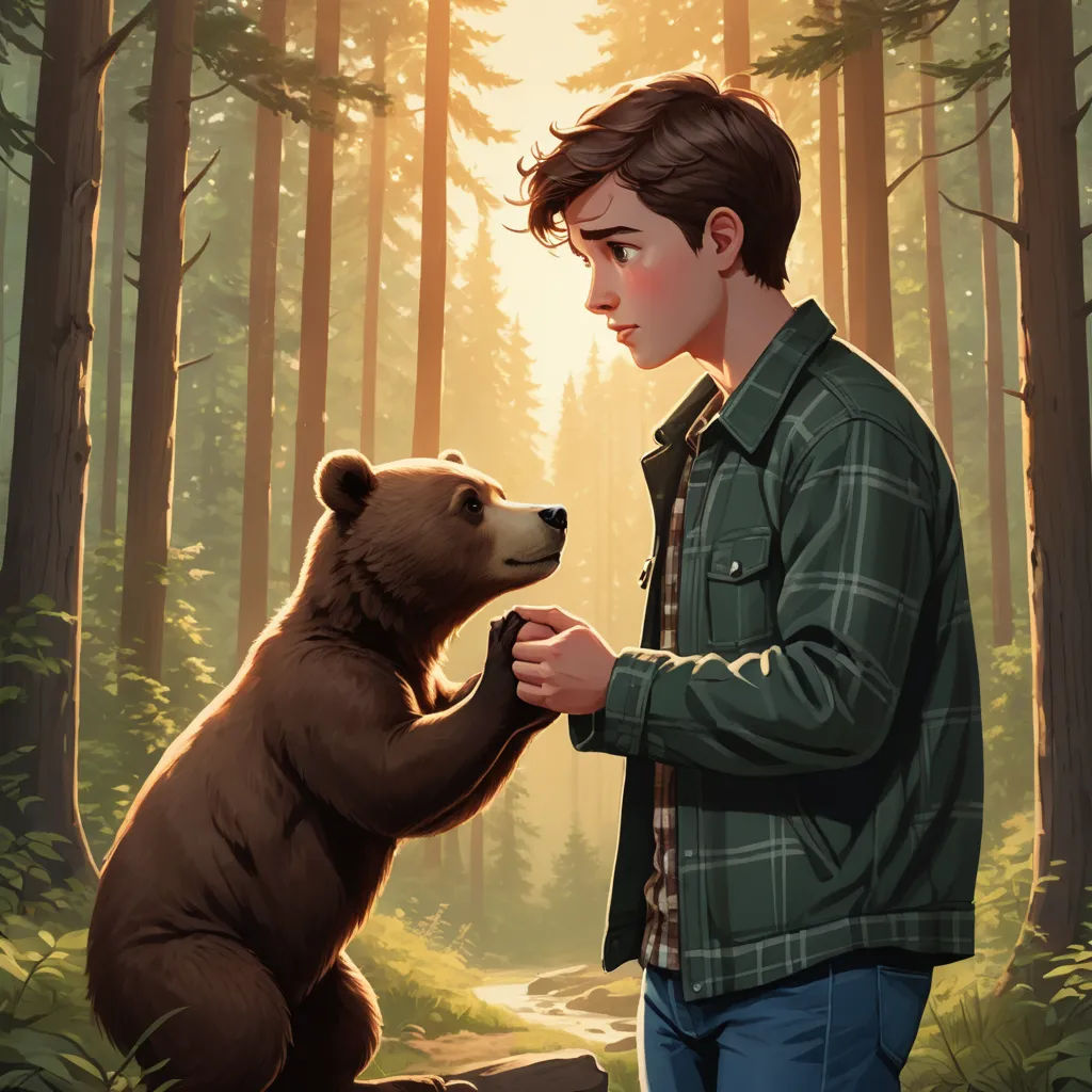 a boy is touching a bear in the woods with a forest background and sunlight shining through the trees and the boy is holding the bear's paw, furry art, a storybook illustration, Aaron Jasinski, official art