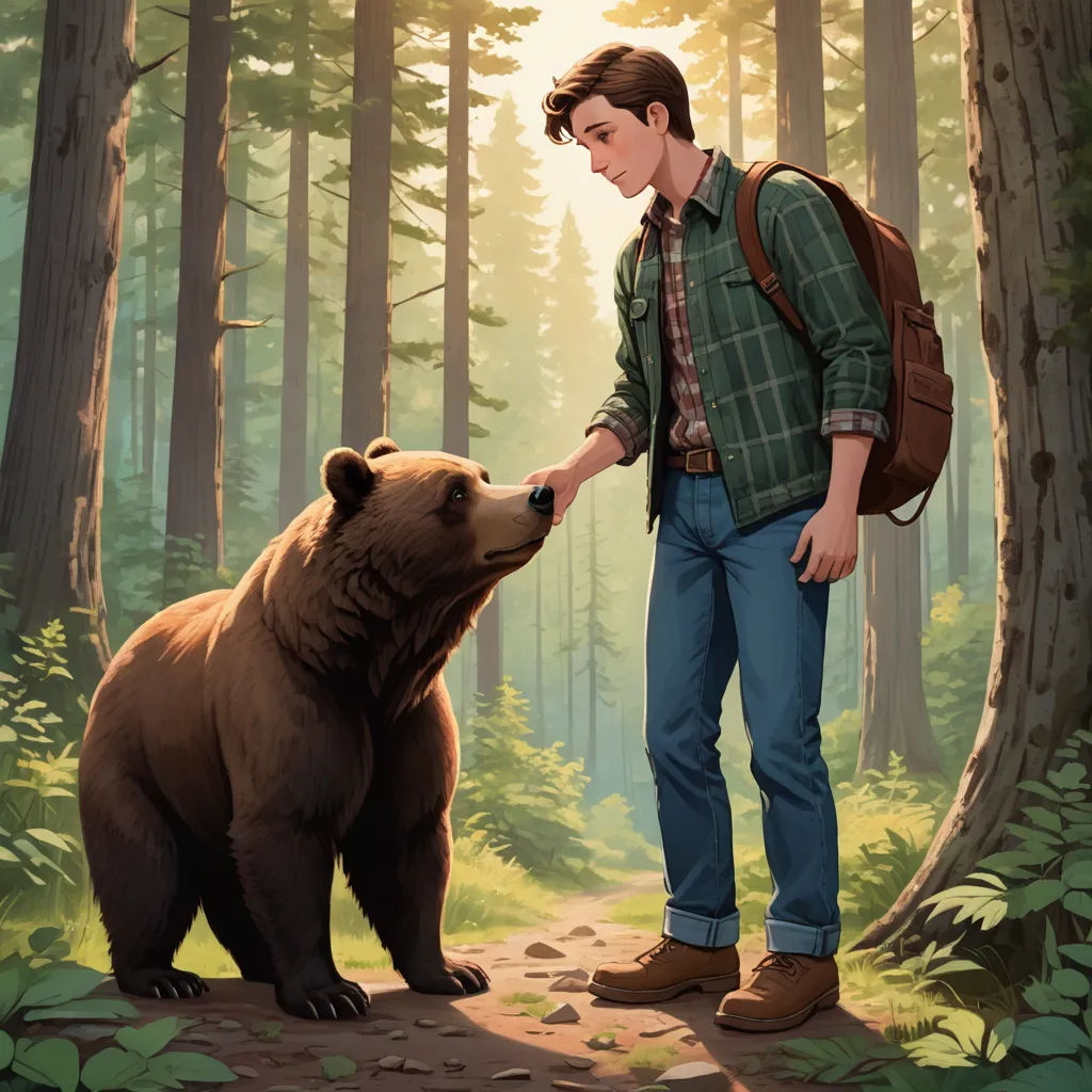 a man standing next to a brown bear in a forest next to a forest filled with trees and leaves, furry art, a storybook illustration, Aaron Jasinski, official art