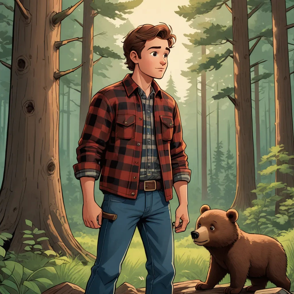 a man standing in the woods next to a bear and a bear cub on a log in front of a forest, sots art, a character portrait, Cliff Childs, official art