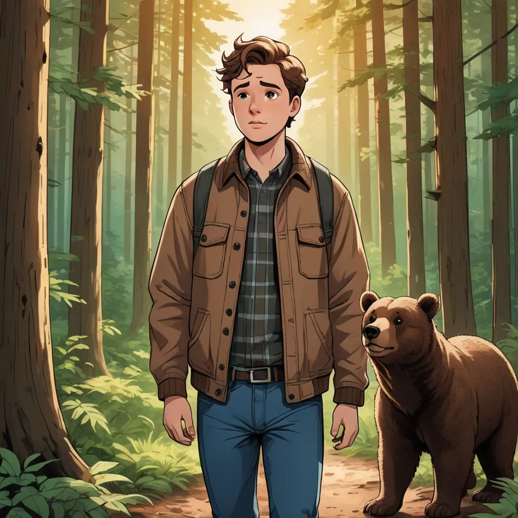 a man standing in the woods next to a bear and a bear cub in front of him, with the sun shining through the trees, furry art, a character portrait, Edward Otho Cresap Ord, II, official art