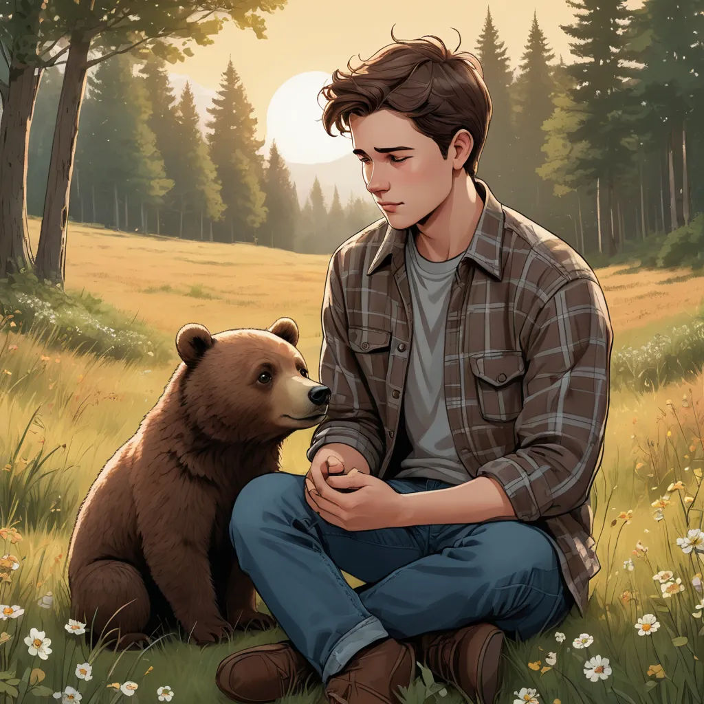 a man sitting in a field next to a bear and a forest with trees and flowers on the ground, furry art, a storybook illustration, Aaron Jasinski, official art