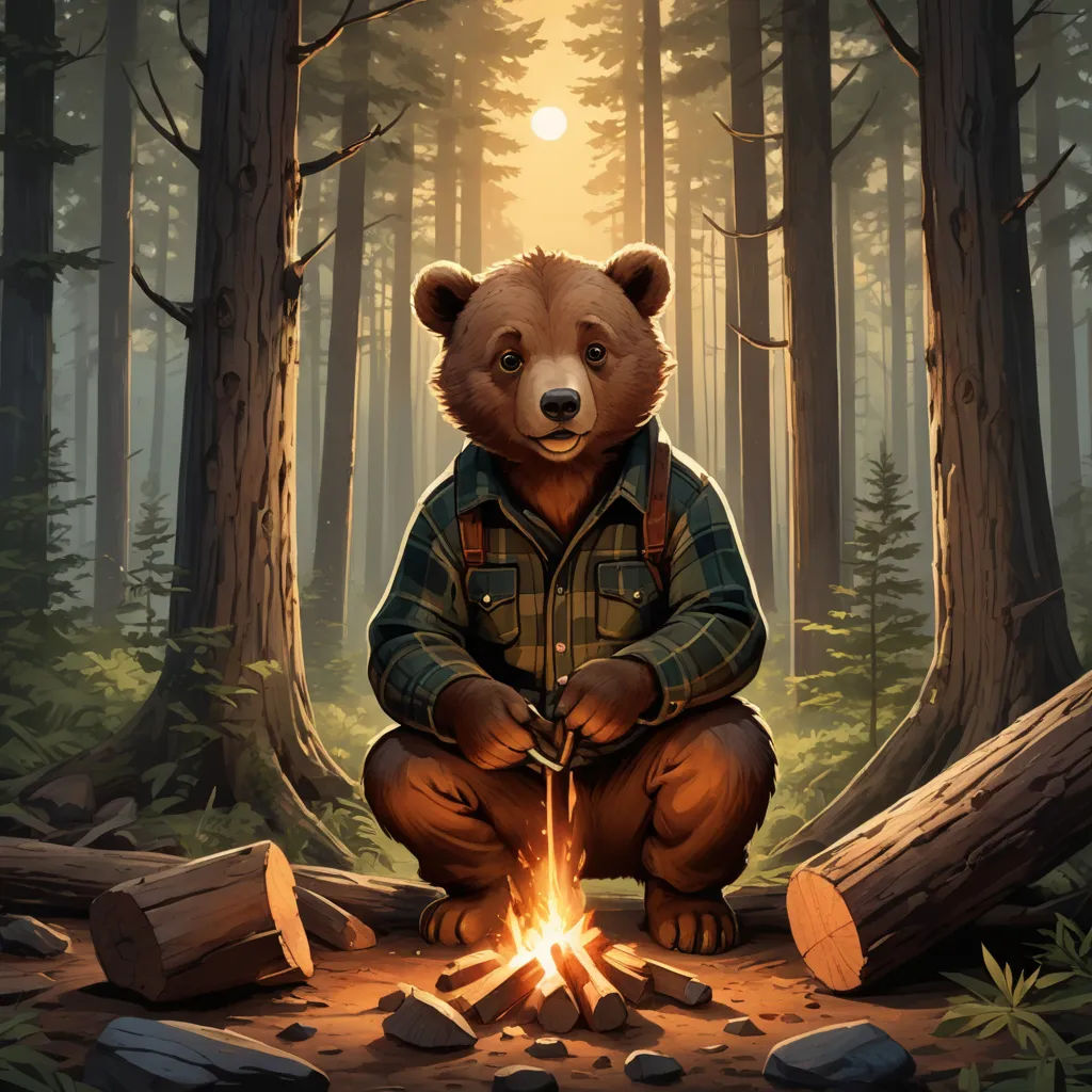 a bear sitting on a log in the woods with a campfire in front of it and a glowing fire in the middle of the woods, furry art, a digital painting, Dan Mumford, official art