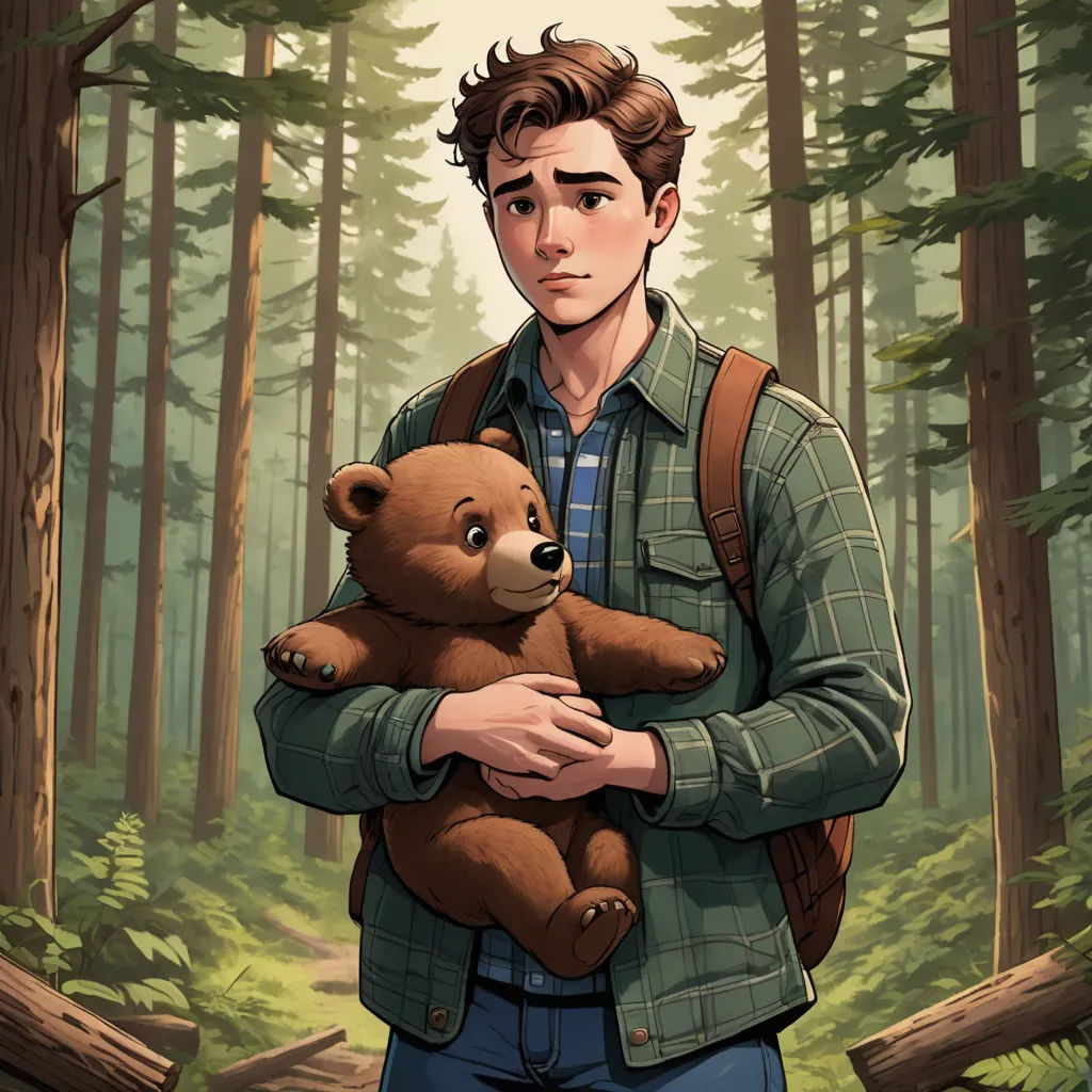 a man holding a brown teddy bear in a forest with trees and logs in the background, with a forest scene in the background, sots art, a character portrait, Clark Voorhees, official art