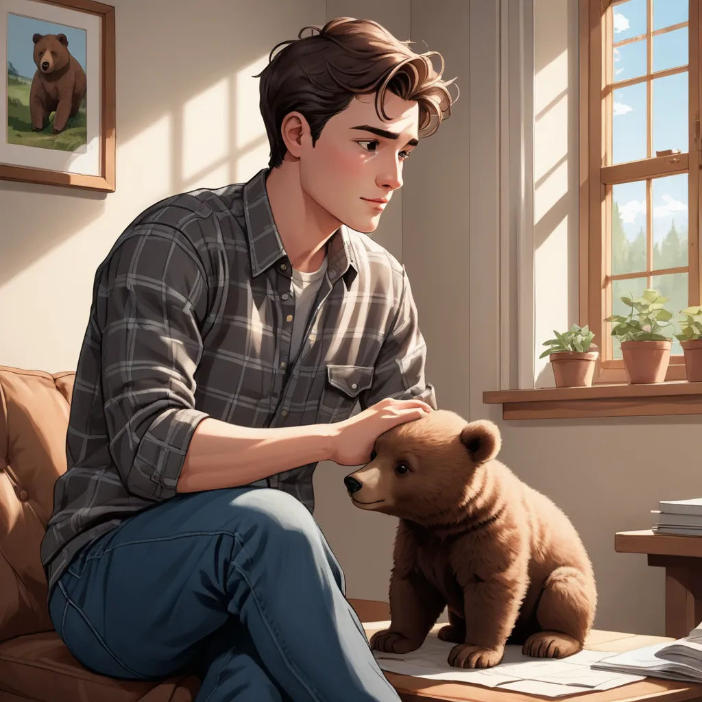 a man sitting on a couch petting a brown bear next to a window with potted plants on the windowsill, furry art, a storybook illustration, Aaron Jasinski, official art