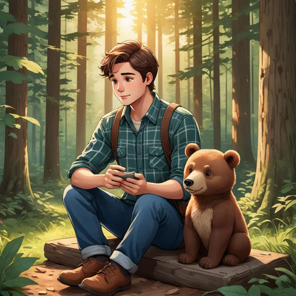 a man sitting on a log next to a bear in the woods with a phone in his hand and a forest background, sots art, a character portrait, Aaron Jasinski, official art