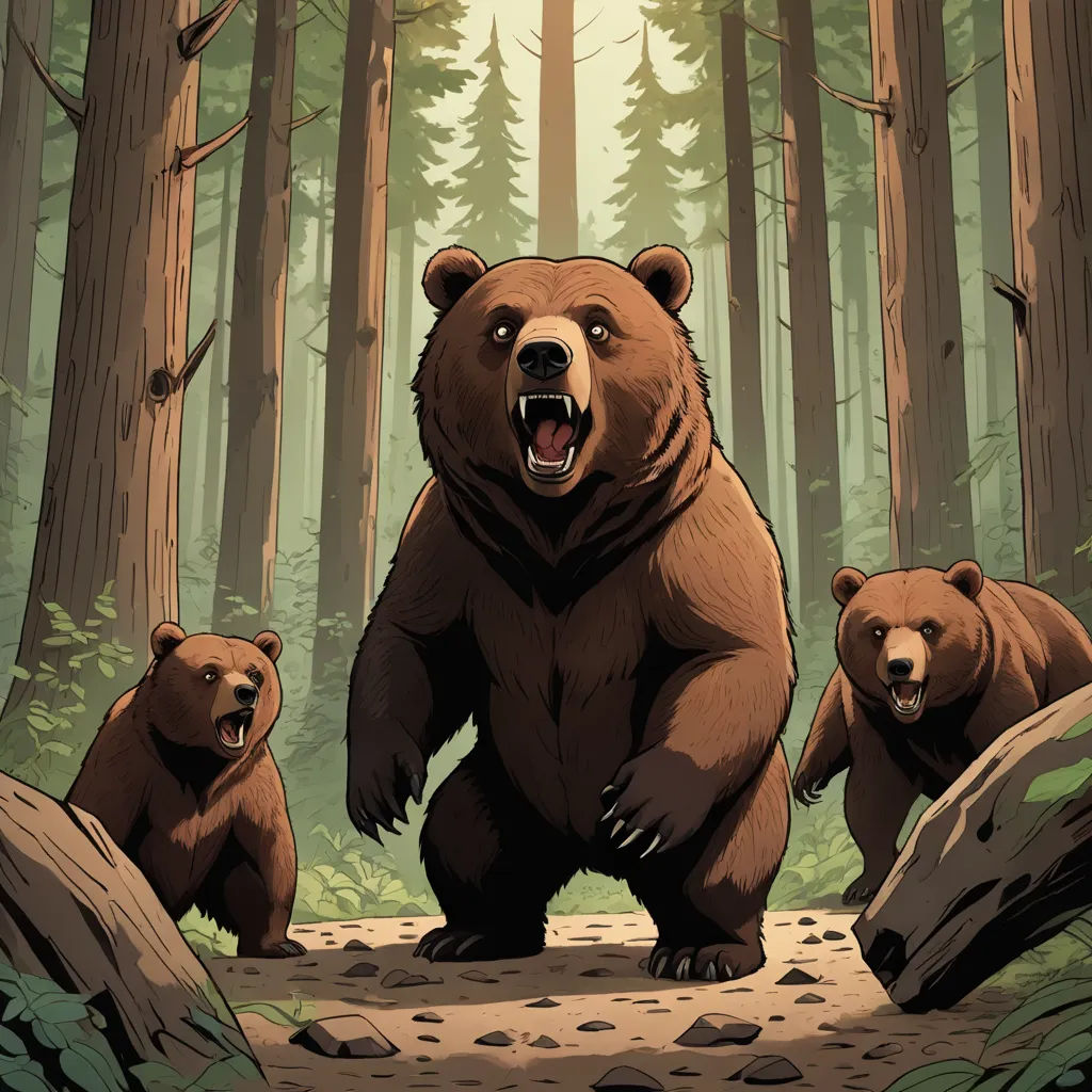 a bear with its mouth open standing in the woods with two other bears nearby and a forest with trees and rocks, furry art, concept art, Dan Mumford, official art