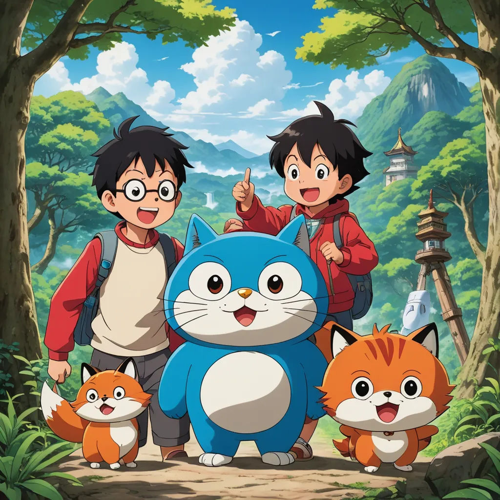 a group of children standing next to each other in front of a forest with a cat and a fox, furry art, a poster, Akira Toriyama, promotional image