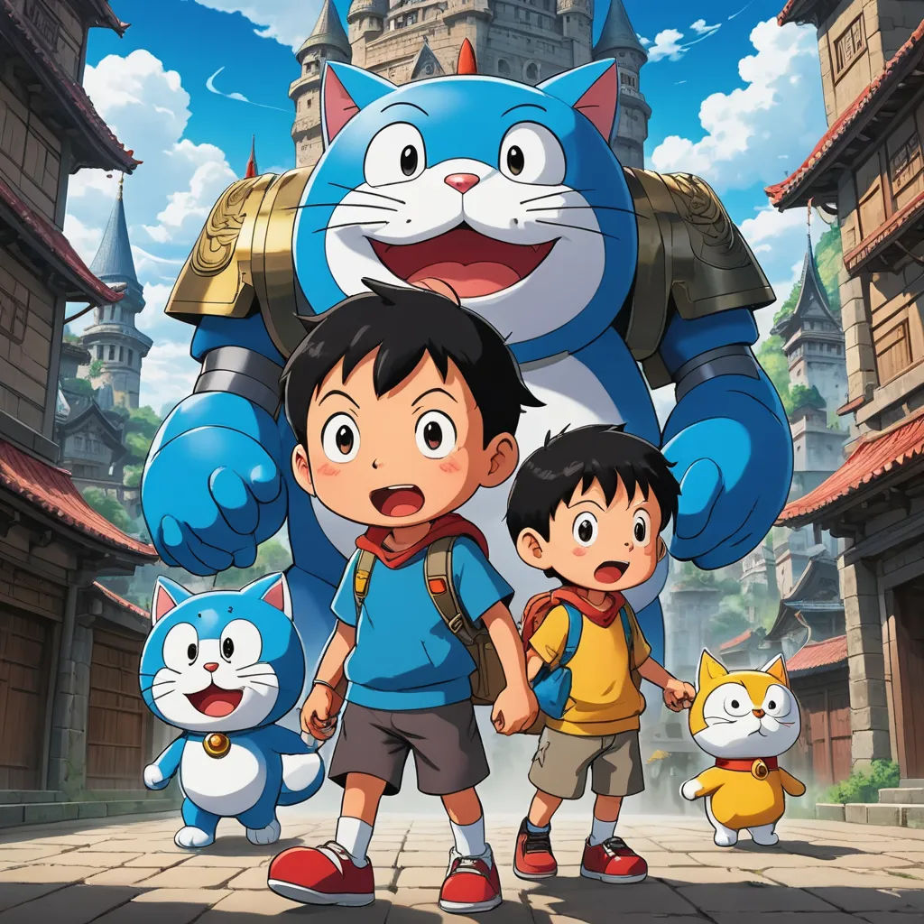 a cartoon character with two children and a cat on a street with a castle in the background and a cat on the ground, sots art, poster art, Akira Toriyama, promotional image