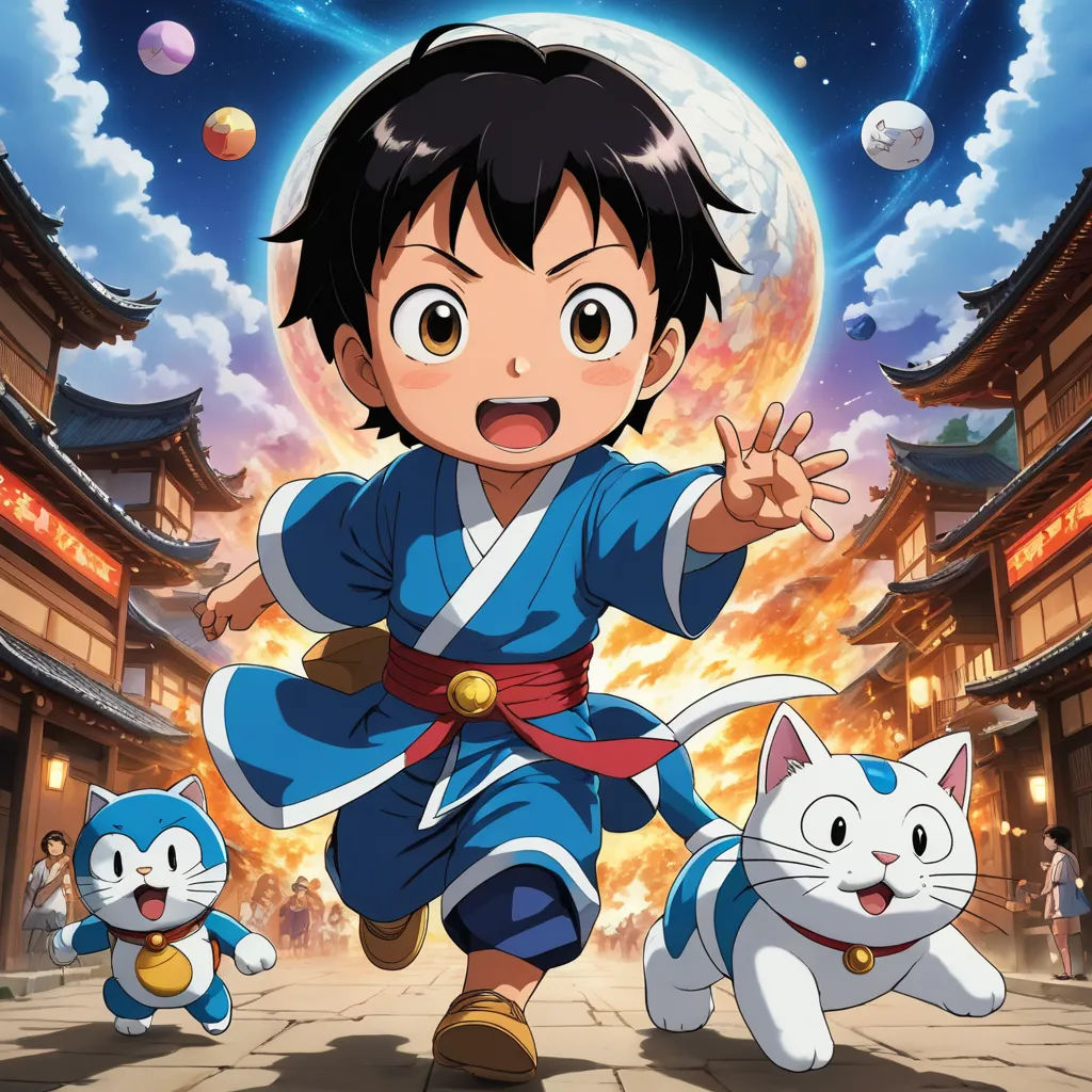 a kid in a blue outfit is running with two cats in front of a full moon and a sky with clouds, hurufiyya, a character portrait, Baiōken Eishun, anime key visual