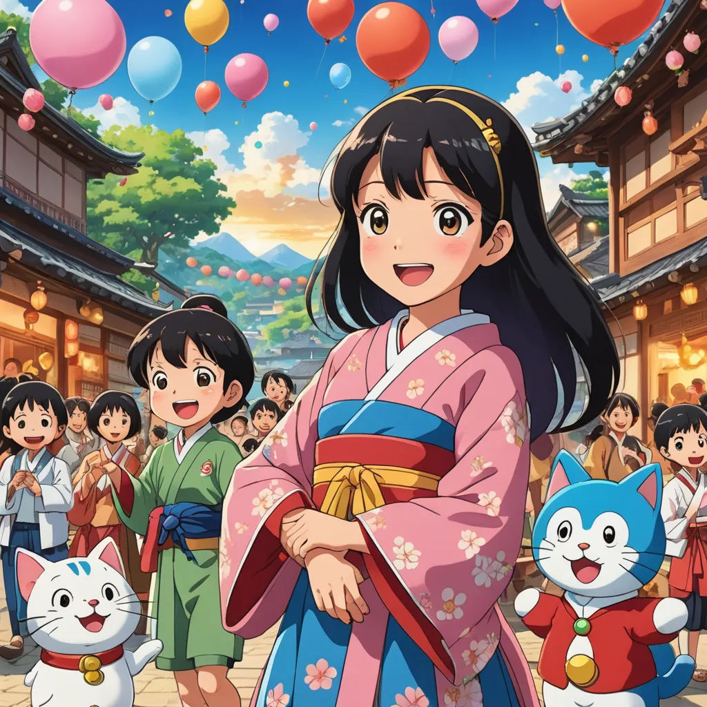 a woman in a kimono with a bunch of cats in front of her and a group of people in the background, naive art, concept art, disney, official art