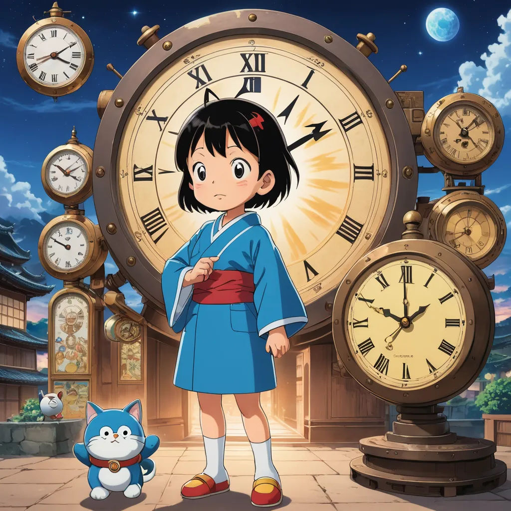 a girl standing in front of a clock with a cat next to it and a cat on the ground, ukiyo-e, poster art, Ayako Rokkaku, kyoto animation