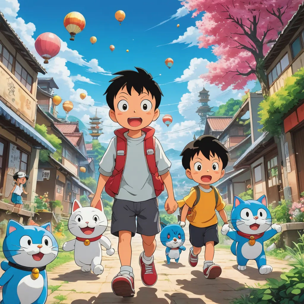 a boy and a girl walking down a street with cats and kittens in front of them and a sky background, ukiyo-e, poster art, Baiōken Eishun, anime key visual