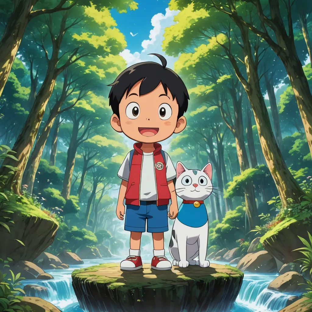 a boy and a cat standing on a rock in a forest with a stream in the background and trees, lyco art, poster art, Akira Toriyama, promotional image