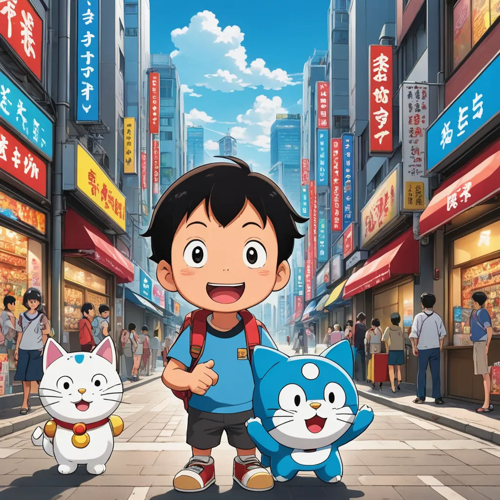 a boy standing in the middle of a street with two cats on his back and a cat on his arm, dau-al-set, poster art, Akira Toriyama, anime key visual
