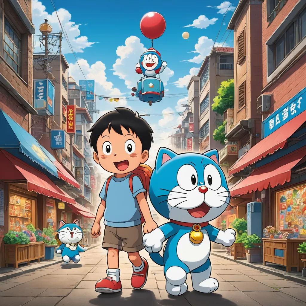 a boy and a cat are walking down a street in front of a building with a red balloon flying above, ukiyo-e, poster art, Akira Toriyama, promotional image