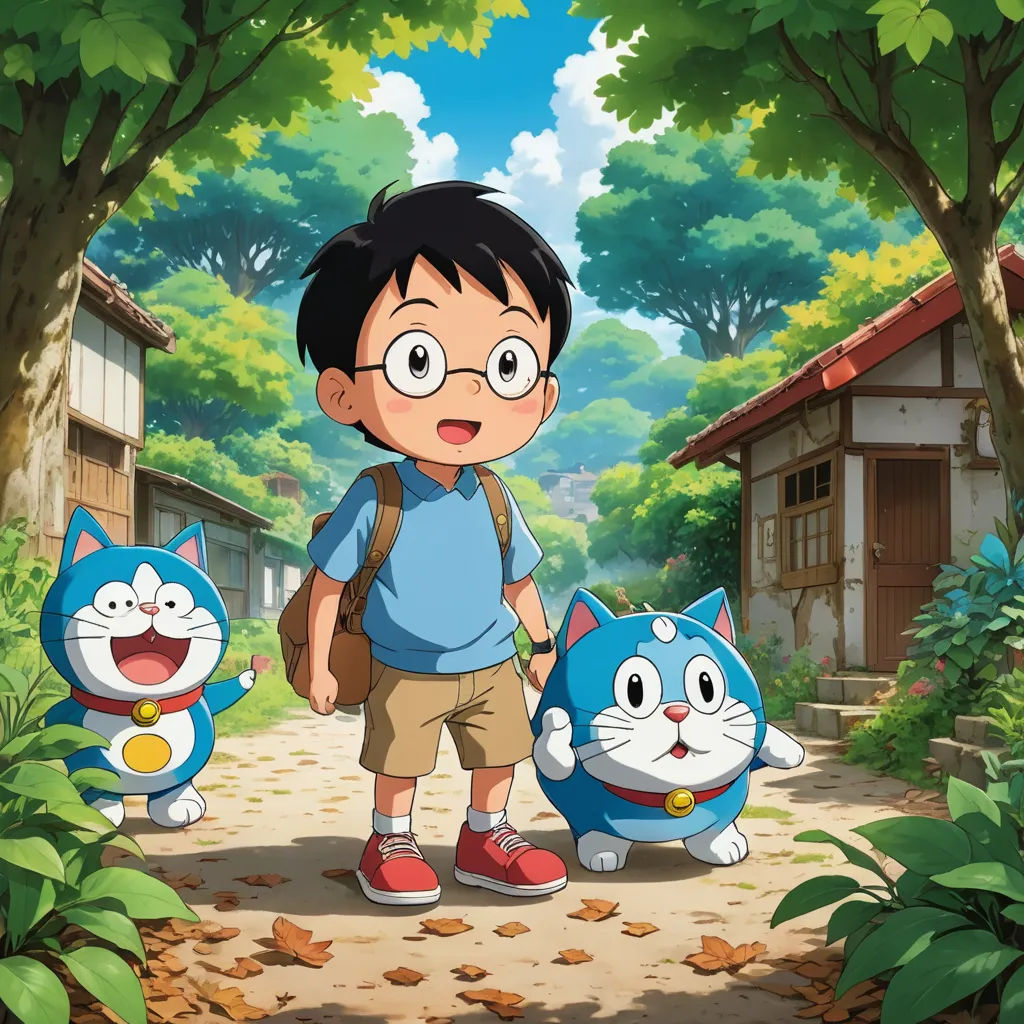 a boy and two cats are standing in the woods near a house and trees, with a woman looking on, sōsaku hanga, a character portrait, Akira Toriyama, promotional image