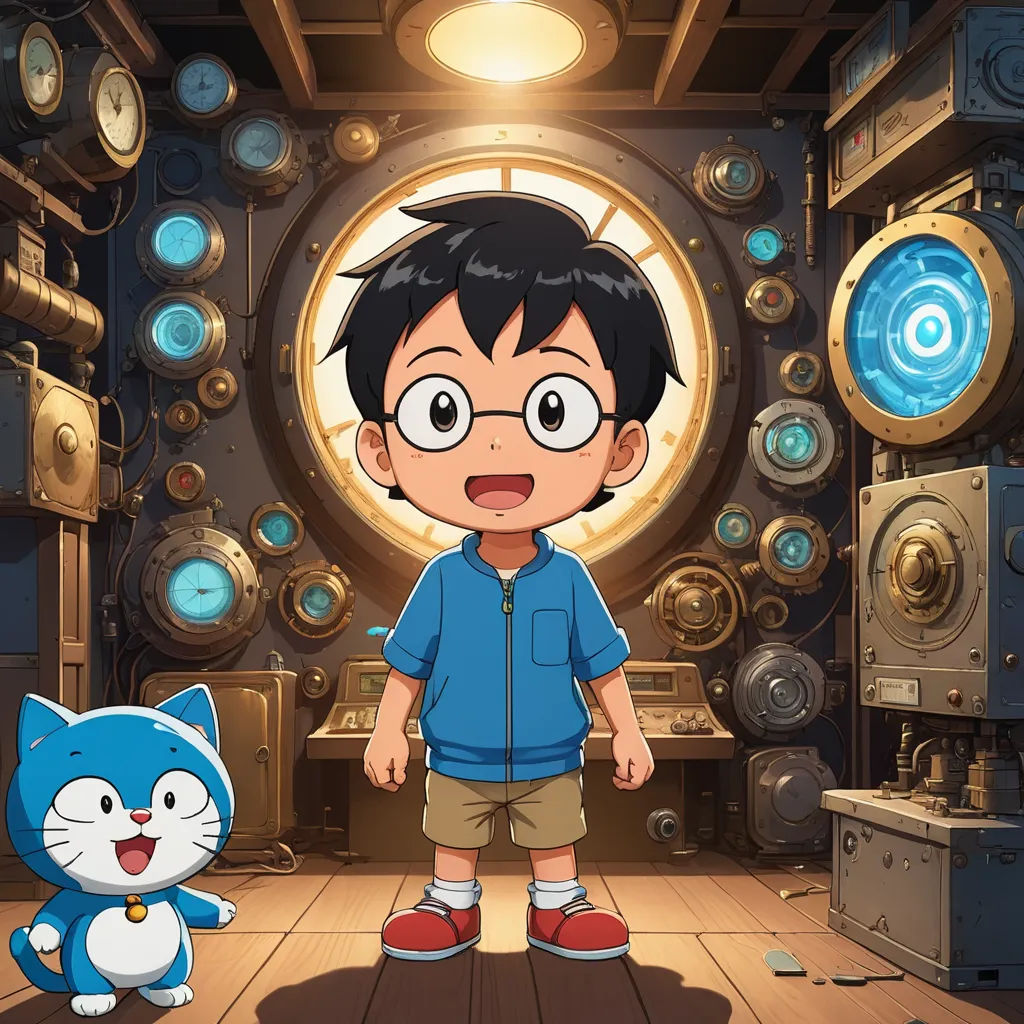 a boy standing in front of a cat in a room with a clock and a cat on the floor, rayonism, a character portrait, Akira Toriyama, promotional image