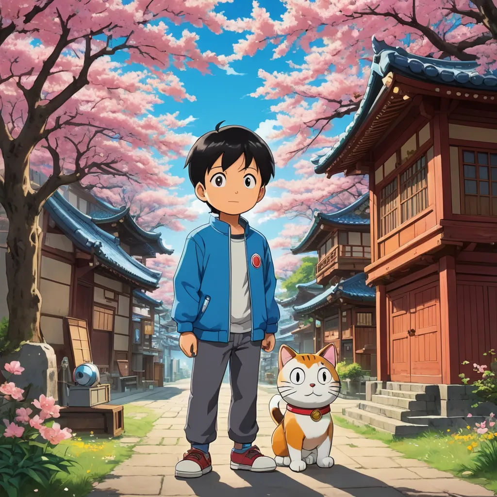 a man standing next to a cat in front of a tree filled with pink flowers and a building with a sky background, ukiyo-e, poster art, An Gyeon, anime key visual