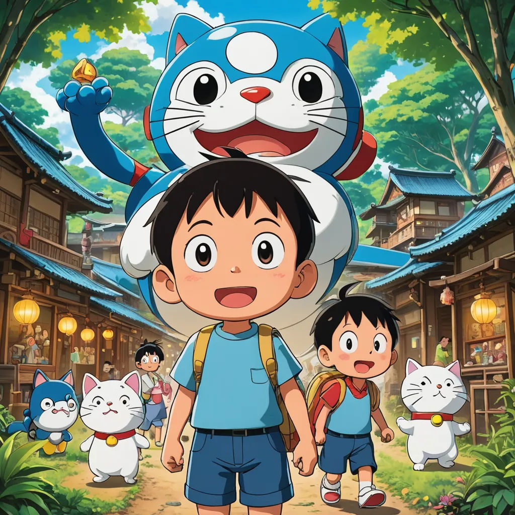 a boy and a girl are standing in front of a cat and a cat on their shoulders, with a cat on their shoulders, ukiyo-e, a poster, Akira Toriyama, promotional image