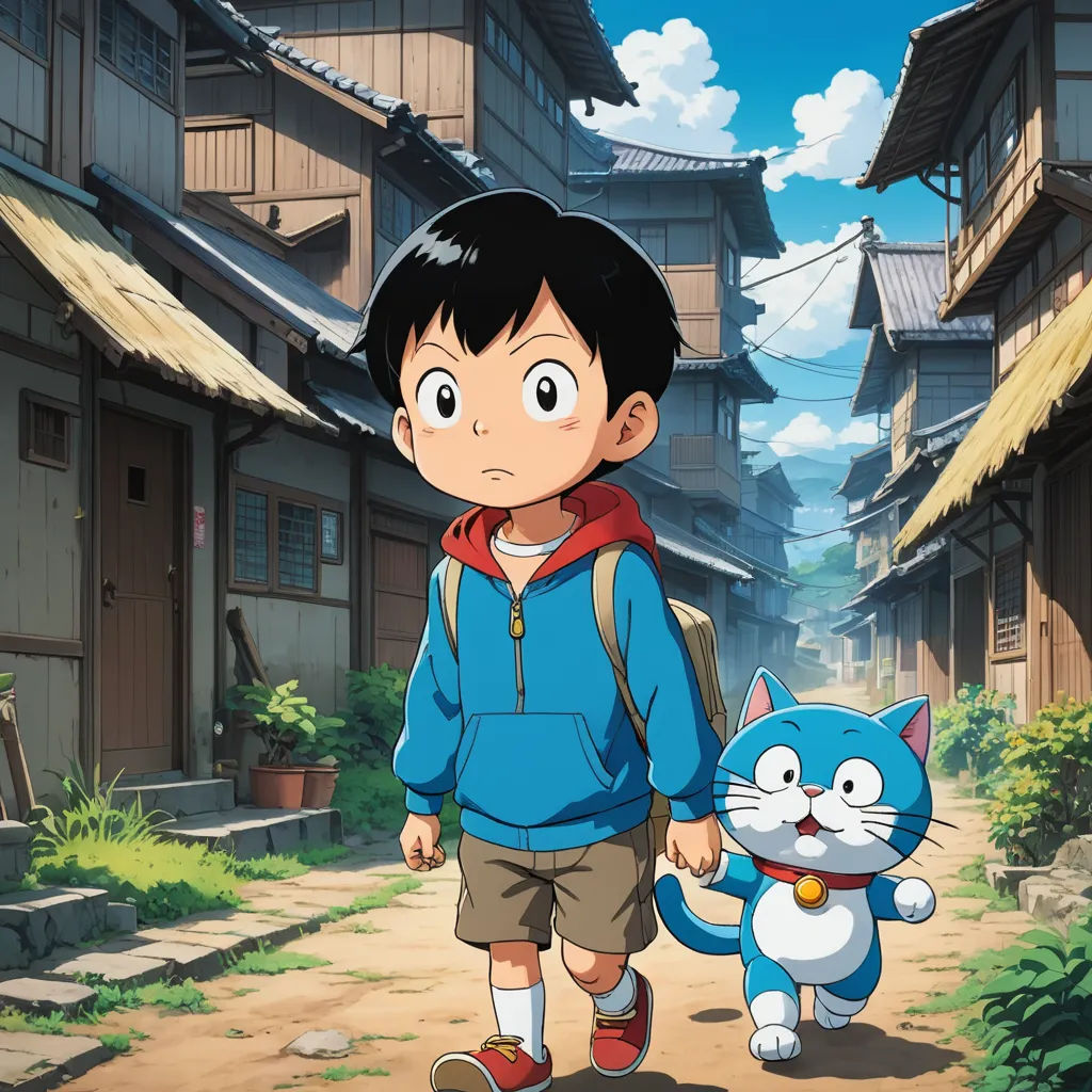 a boy walking down a street with a cat on his back and a cat on his arm behind him, ukiyo-e, poster art, Akira Toriyama, promotional image
