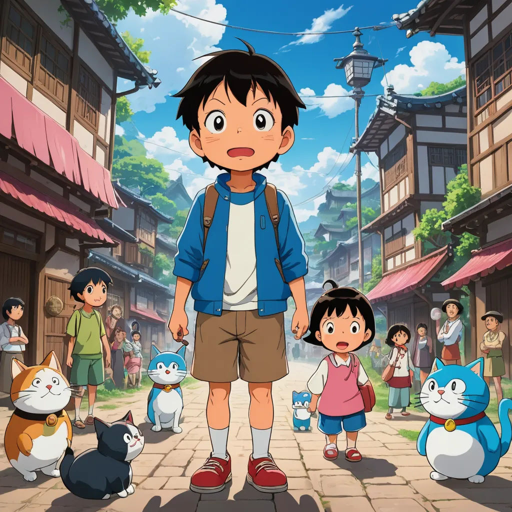 a man standing next to a child in front of a crowd of cats and kittens on a street, lyco art, a character portrait, An Gyeon, anime key visual