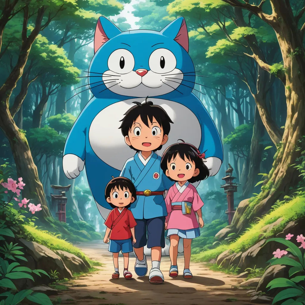 a family standing in front of a cat in a forest with a cat on its back and a cat on its back, ukiyo-e, poster art, Akira Toriyama, promotional image
