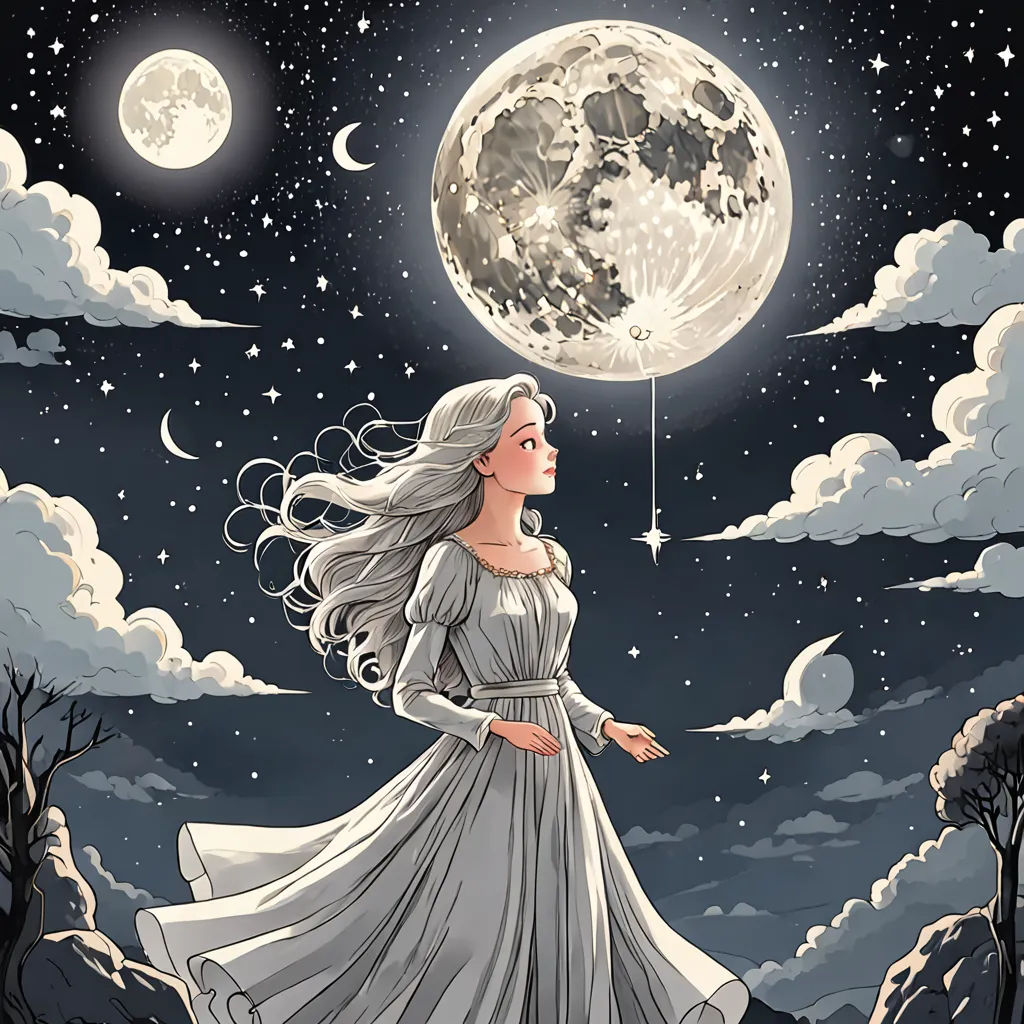 a woman in a dress is walking in the moonlight under a full moon with a long white hair and a long flowing flowing flowing hair, fantasy art, a storybook illustration, Anna Dittmann, moon